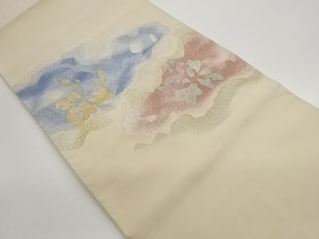 綴れ抽象雲に草花模様織出し名古屋帯